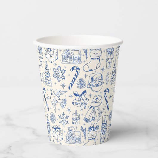 Retro Blue Christmas Doodle 紙コップ (正面)