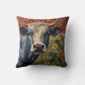 Retro Blue cow in sunflower garden クッション (裏面)