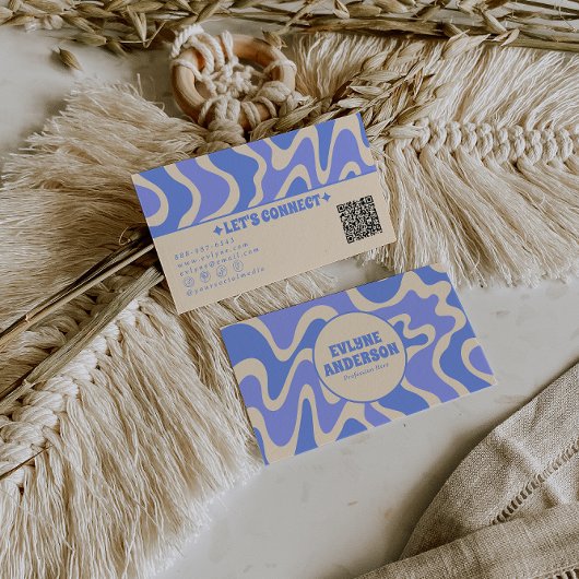 Retro Blue Cream 70s Boho Groovy Trendy QR Code 名刺