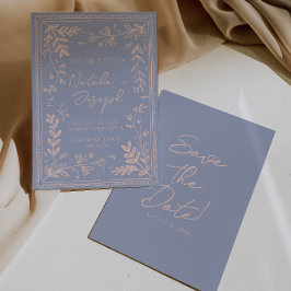 Retro Blue Cream Drawn Floral Garden Save The Date セーブザデート