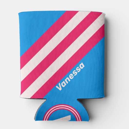 Retro Blue Crush Stripes with Name 缶クーラー (裏面)