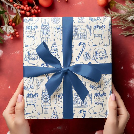 Retro Blue Doodle Christmas Wrapping Paper ラッピングペーパーシート