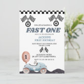 Retro Blue Fast one Boy 1st Birthday Car Boys 招待状 (スタンド正面)