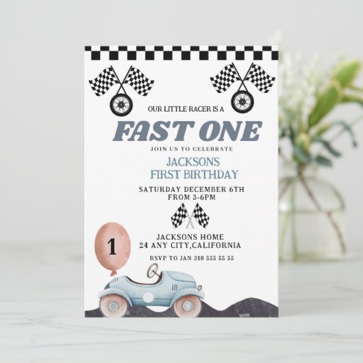 Retro Blue Fast one Boy 1st Birthday Car Boys 招待状 (スタンド正面)