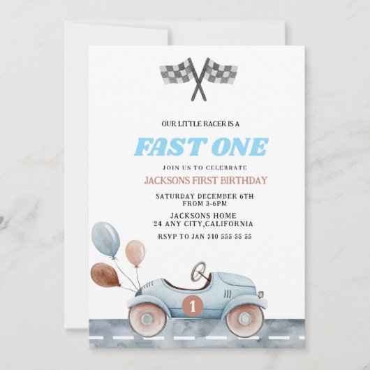 Retro Blue Fast one Boy 1st Birthday Car Boys 招待状 (正面)