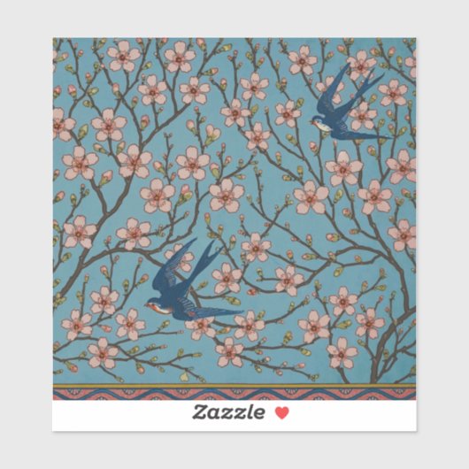 Retro Blue Floral Swallow Pattern by Walter Crane シール (シート)