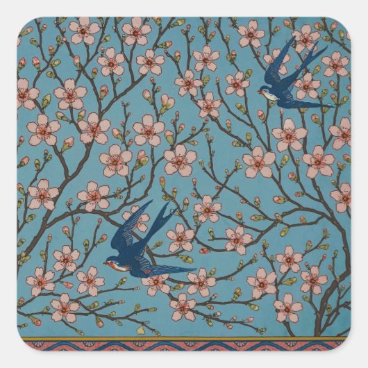 Retro Blue Floral Swallow Pattern by Walter Crane スクエアシール (正面)