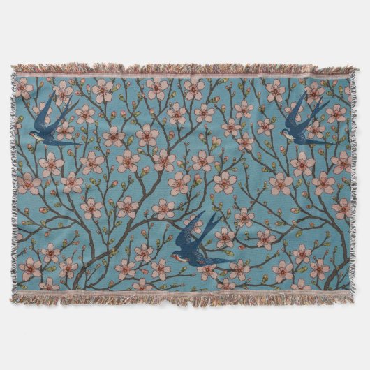Retro Blue Floral Swallow Pattern by Walter Crane スローブランケット (正面)