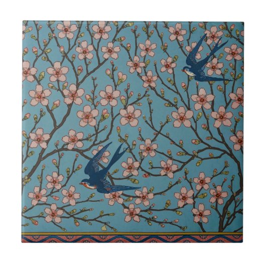 Retro Blue Floral Swallow Pattern by Walter Crane タイル (正面)