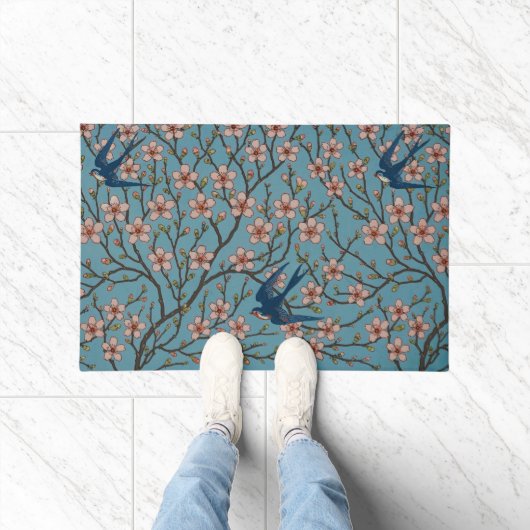 Retro Blue Floral Swallow Pattern by Walter Crane ドアマット (室内)