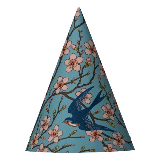 Retro Blue Floral Swallow Pattern by Walter Crane パーティーハット (正面)