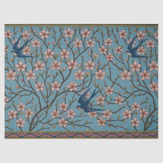 Retro Blue Floral Swallow Pattern by Walter Crane 薄葉紙 (正面)