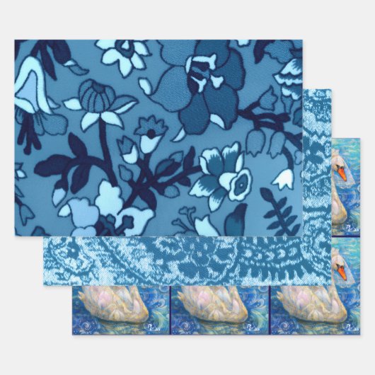 Retro Blue Floral Swan Bride Paisley Decoupage ラッピングペーパーシート (セット)