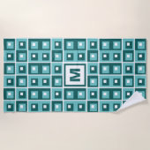 Retro Blue Geometric Squares Pattern Monogram ビーチタオル (正面)