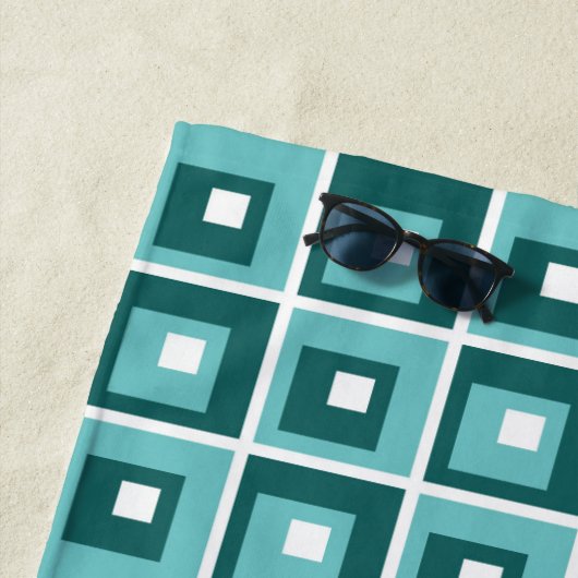 Retro Blue Geometric Squares Pattern Monogram ビーチタオル (インサイチュ)