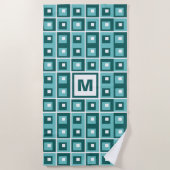 Retro Blue Geometric Squares Pattern Monogram ビーチタオル (正面)