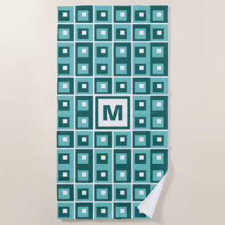 Retro Blue Geometric Squares Pattern Monogram ビーチタオル
