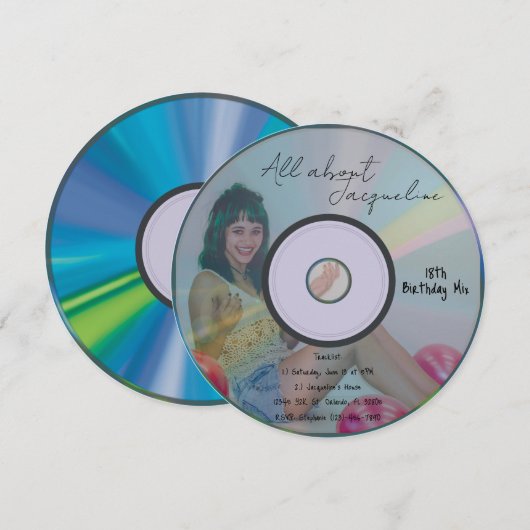 Retro Blue Girl's Music CD Birthday 招待状 (正面/裏面)