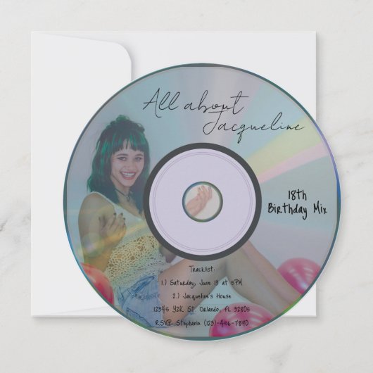 Retro Blue Girl's Music CD Birthday 招待状 (正面)