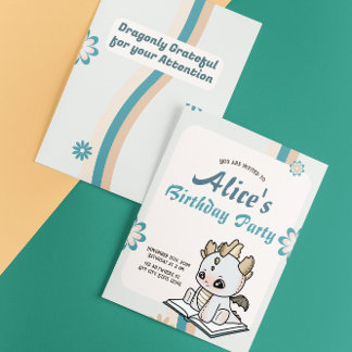 Retro Blue Grey Pastel Baby Dragon Birthday 招待状