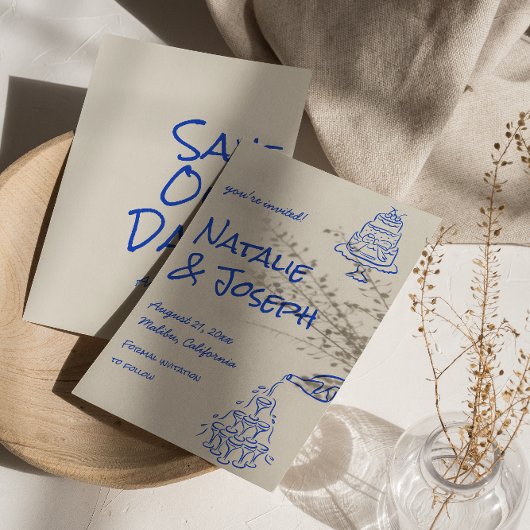 Retro Blue Hand Drawn Champagne Tower Cake Wedding セーブザデート