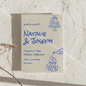 Retro Blue Hand Drawn Champagne Tower Cake Wedding セーブザデート