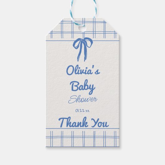Retro Blue Hand Drawn Gingham Bow Baby Boy ギフトタグ (正面)