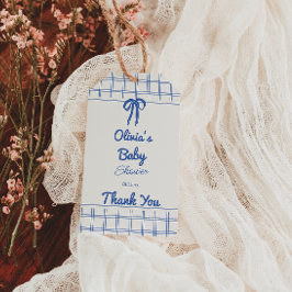 Retro Blue Hand Drawn Gingham Bow Baby Boy ギフトタグ