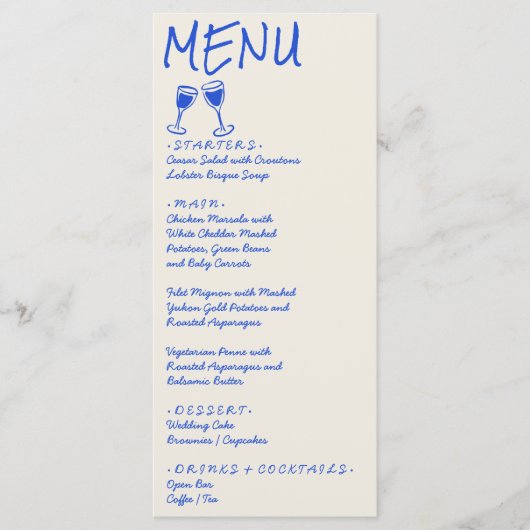 Retro Blue Hand Written Drawn Wine Wedding Menu  メニュー (正面)
