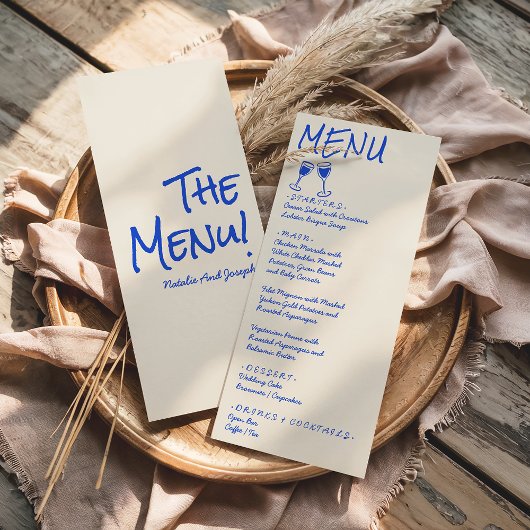 Retro Blue Hand Written Drawn Wine Wedding Menu  メニュー