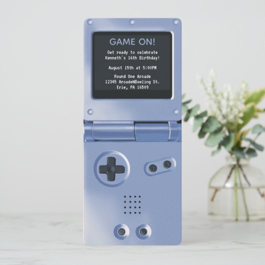 Retro Blue Handheld Gaming Birthday Invitation 招待状 (スタンド正面)