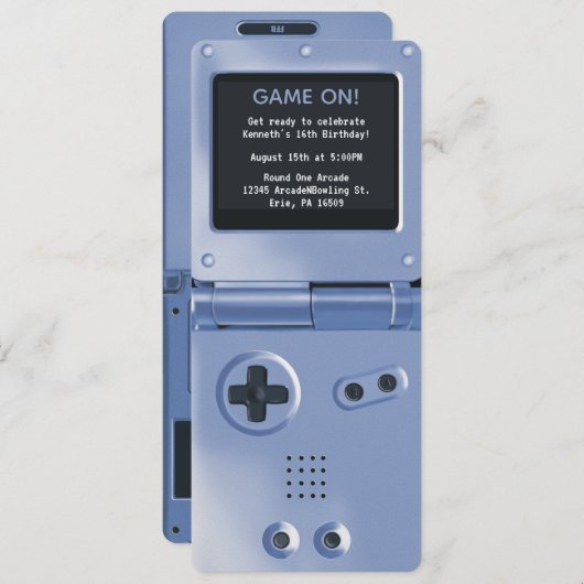 Retro Blue Handheld Gaming Birthday Invitation 招待状 (正面/裏面)