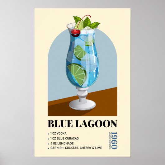Retro Blue Lagoon Cocktail Recipe Artwork ポスター (正面)