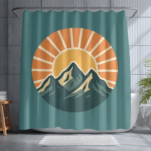 Retro Blue Mountain Sunrise | Outdoor Nature Teal シャワーカーテン