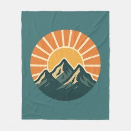 Retro Blue Mountain Sunrise | Outdoor Nature Teal フリースブランケット