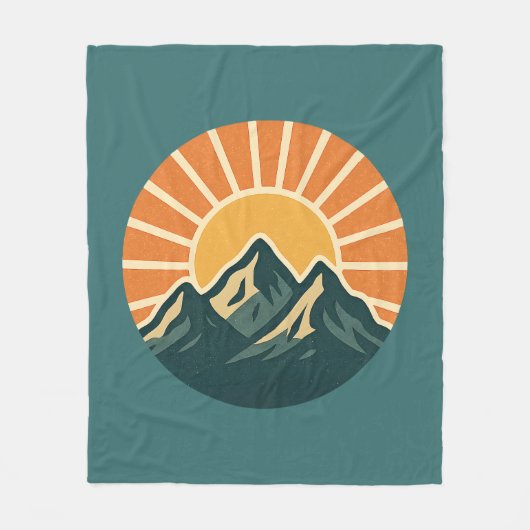 Retro Blue Mountain Sunrise | Outdoor Nature Teal フリースブランケット (正面)