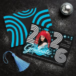 Retro Blue Neon Photo Graduate Foil Announcement 箔招待状<br><div class="desc">This trendy and stylish graduation announcement features a photo of the grad, with retro 80s typography for an up-to-date throwback look. There is room on the back of the card to add all the details about the class, school, and future plans of the graduate. Placeholder image provided by Unsplash and...</div>
