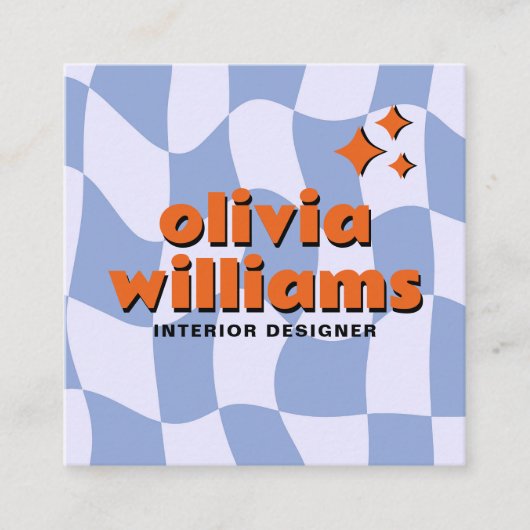 Retro Blue Orange Bold Groovy Checkered Trendy Fun スクエア名刺 (正面)