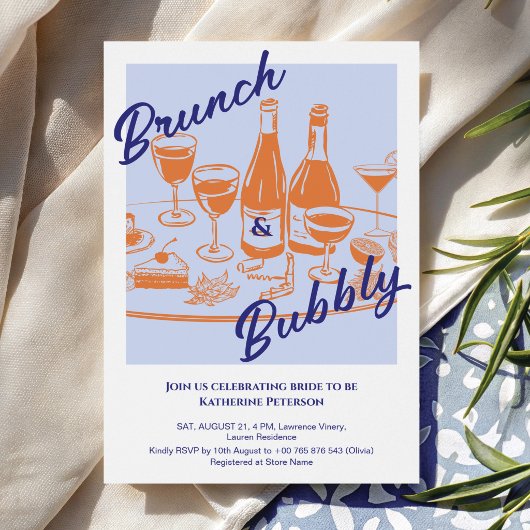 Retro blue orange “Brunch & Bubbly” Bridal Shower 招待状