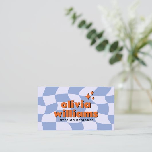 Retro Blue Orange QR Code Groovy Checkered Unique 名刺 (スタンド正面)
