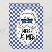 Retro Blue Pink Checkered Santa Claus Christmas  シーズンカード (正面/裏面)