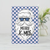 Retro Blue Pink Checkered Santa Claus Christmas  シーズンカード (スタンド正面)