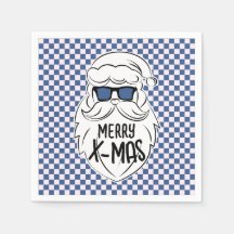Retro Blue Pink Checkered Santa Claus Christmas 