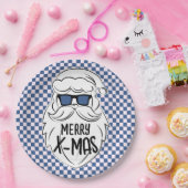 Retro Blue Pink Checkered Santa Claus Christmas  ペーパープレート (パーティー)