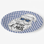 Retro Blue Pink Checkered Santa Claus Christmas  ペーパープレート (アングル)