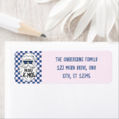 Retro Blue Pink Checkered Santa Claus Christmas ラベル (インサイチュ)