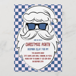 Retro Blue & Pink Checkered Santa Claus Christmas 招待状