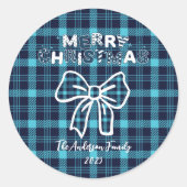 Retro Blue Plaid Whimsical Christmas  ラウンドシール (正面)