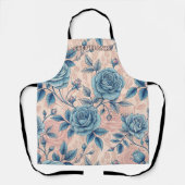 Retro Blue Rose Pattern on Soft Pink Background エプロン (正面)