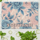 Retro Blue Rose Pattern on Soft Pink Background キッチンタオル (折り畳み)